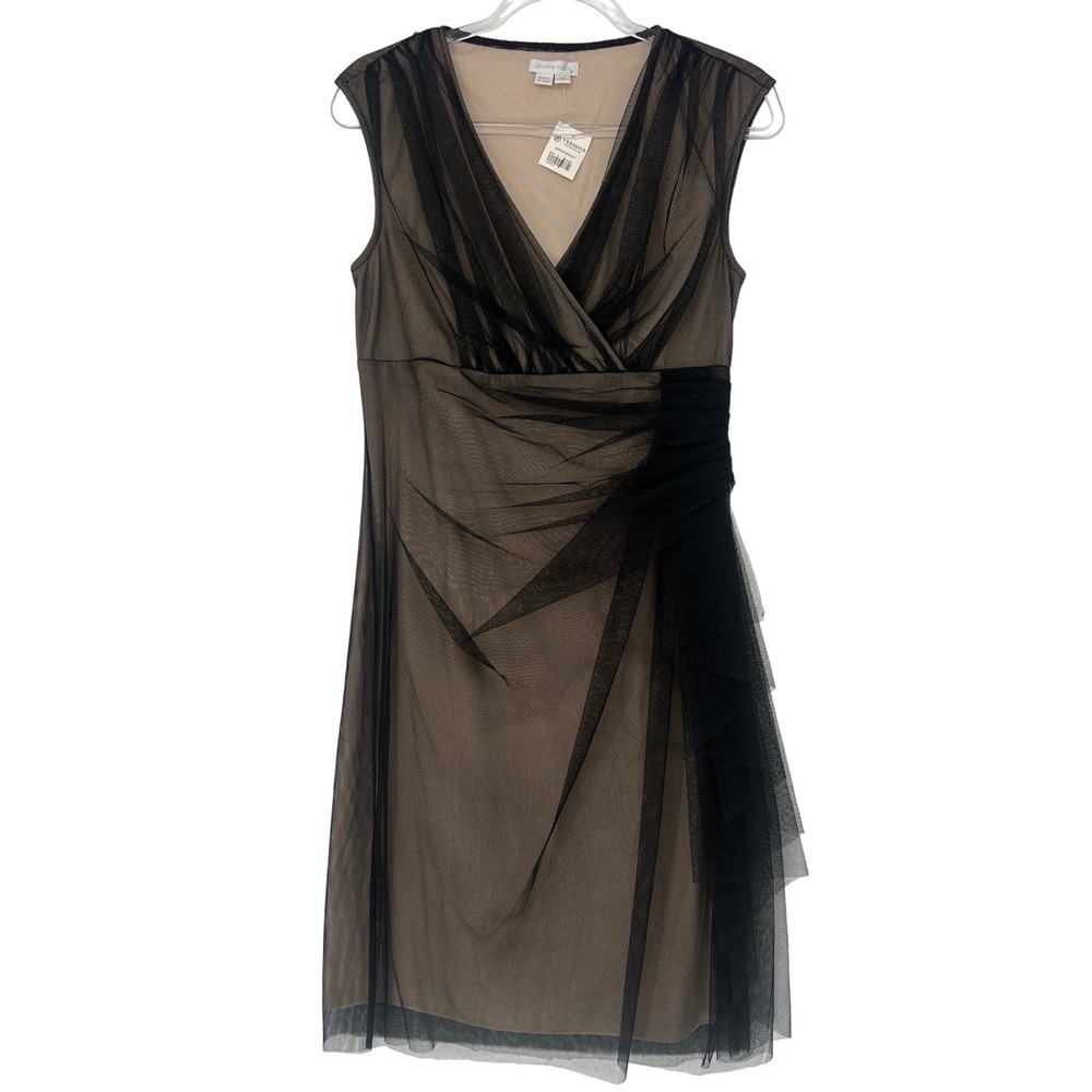 London Times Sheath Dress Womens 10 Black Mesh Overlay Ruched Cocktail Party